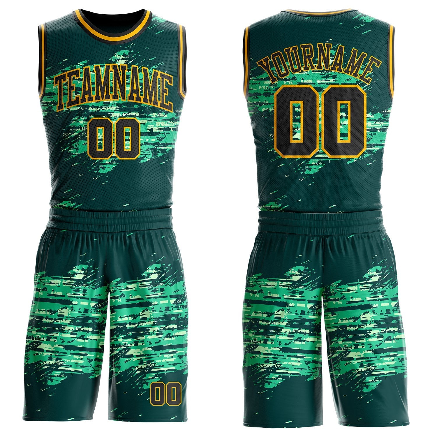 Custom Green Black-Gold Grunge Paint Splatter Brush Stroke Round Neck Sublimation Basketball Uniform Jersey - Main View