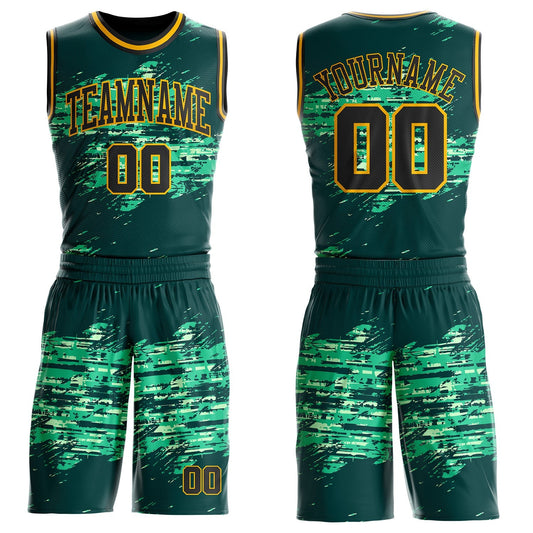 Custom Green Black-Gold Grunge Paint Splatter Brush Stroke Round Neck Sublimation Basketball Uniform Jersey - Main View