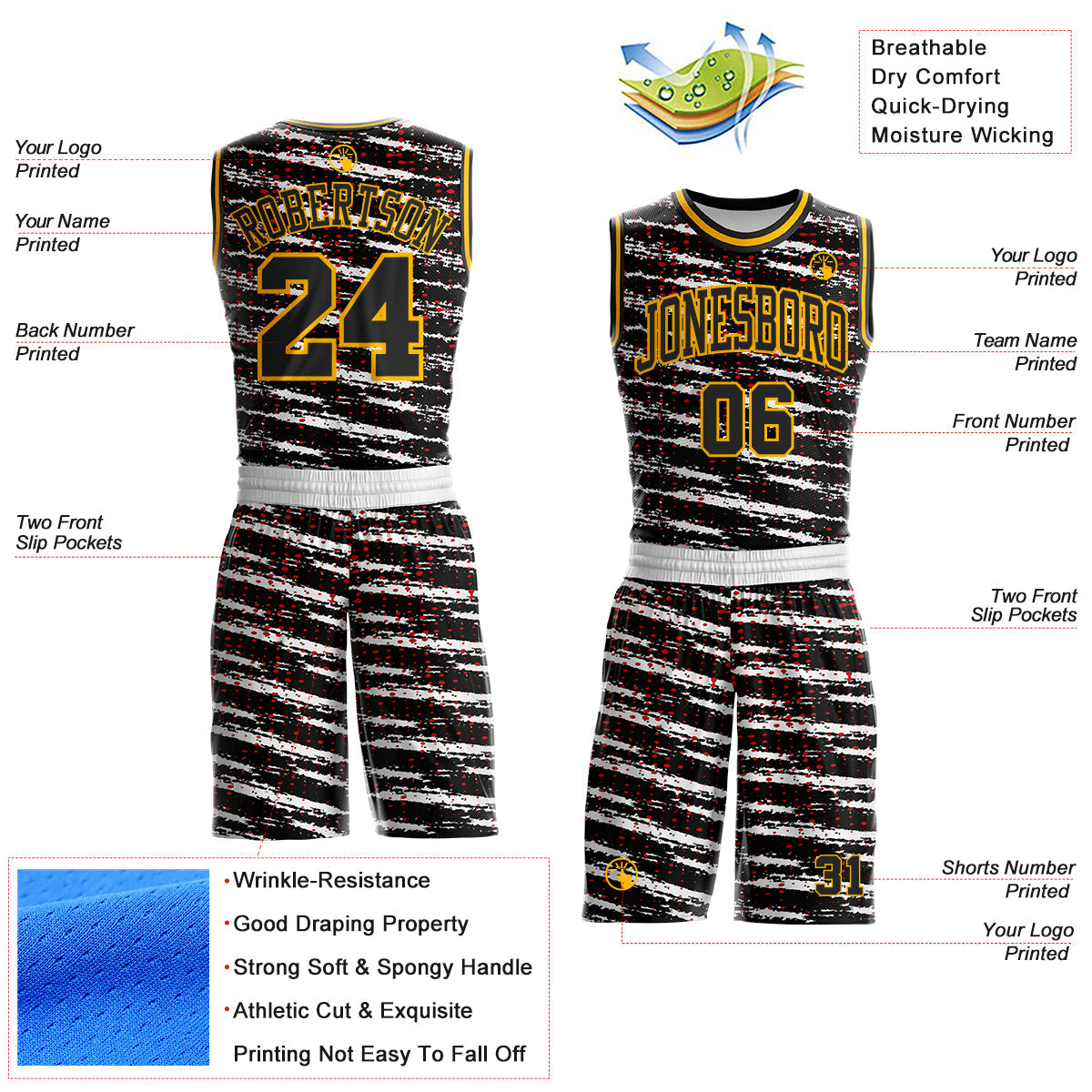 Custom White Black Red-Gold Vintage Brush Stroke Round Neck Sublimation Basketball Uniform Jersey view 2