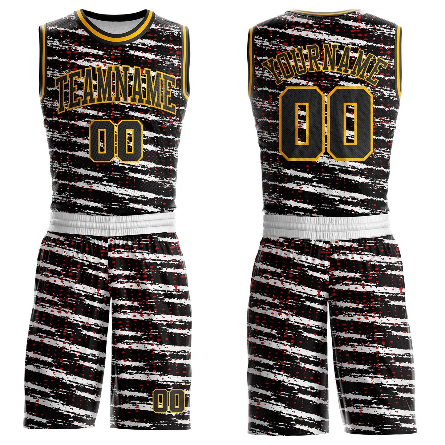 Custom White Black Red-Gold Vintage Brush Stroke Round Neck Sublimation Basketball Uniform Jersey - Main View