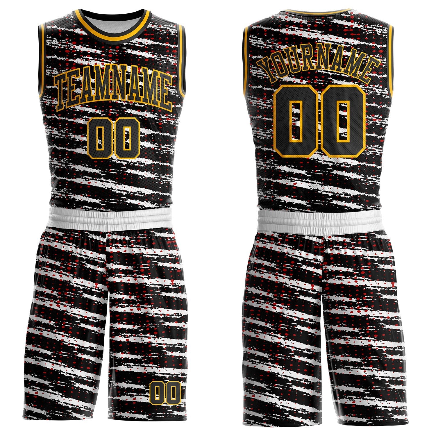 Custom White Black Red-Gold Vintage Brush Stroke Round Neck Sublimation Basketball Uniform Jersey - Main View