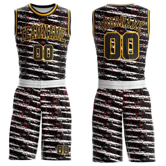 Custom White Black Red-Gold Vintage Brush Stroke Round Neck Sublimation Basketball Uniform Jersey - Main View
