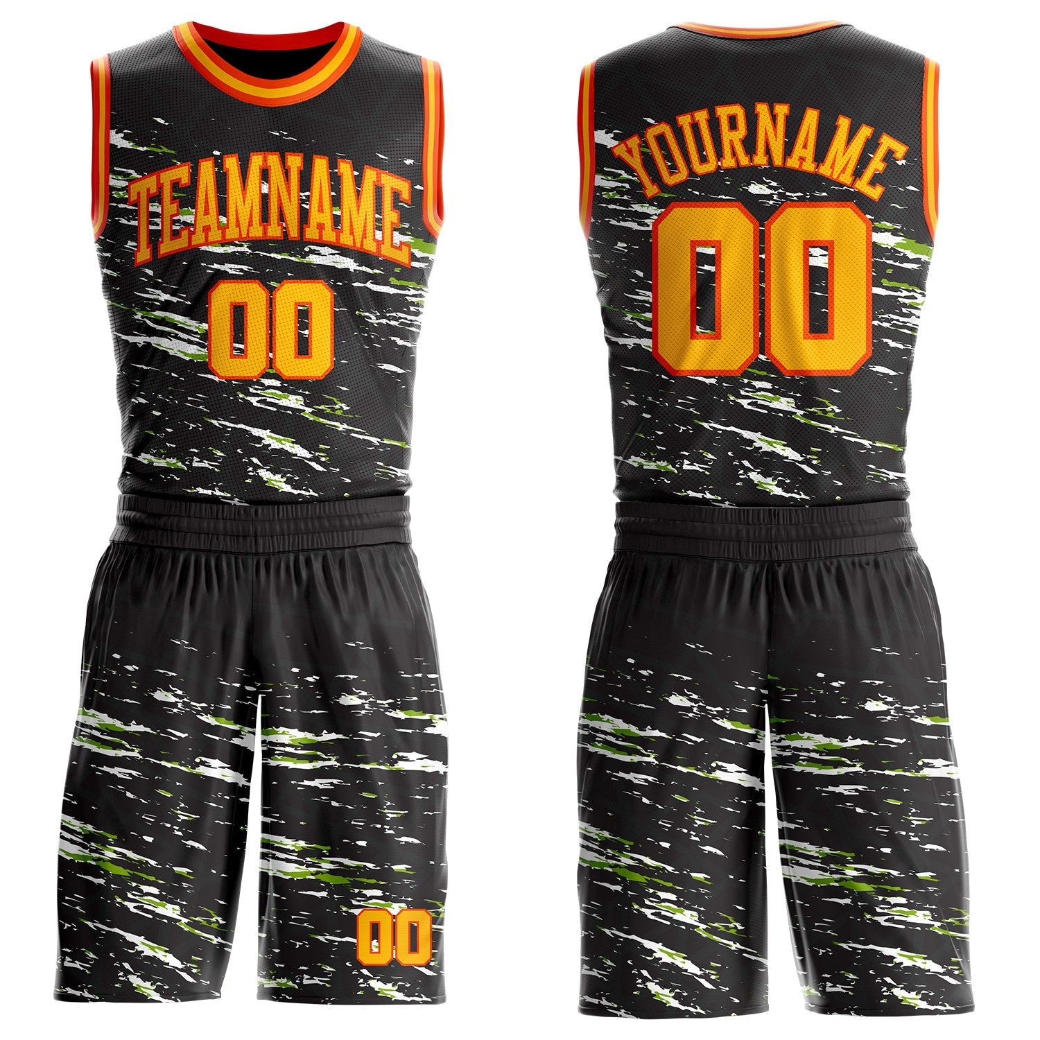 Custom Black Gold Neon Green-Orange Vintage Brush Stroke Round Neck Sublimation Basketball Uniform Jersey - Main View