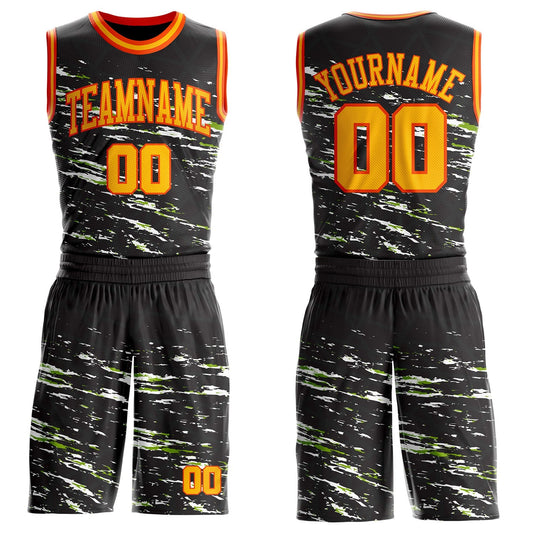 Custom Black Gold Neon Green-Orange Vintage Brush Stroke Round Neck Sublimation Basketball Uniform Jersey - Main View