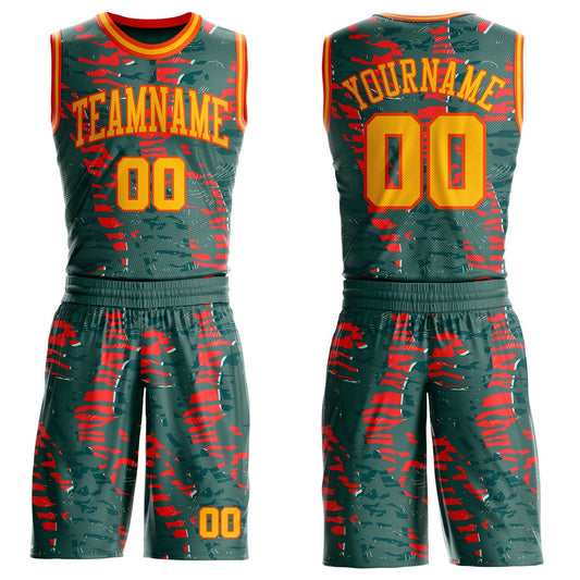 Custom Green Gold-Orange Vintage Brush Stroke Round Neck Sublimation Basketball Uniform Jersey - Main View