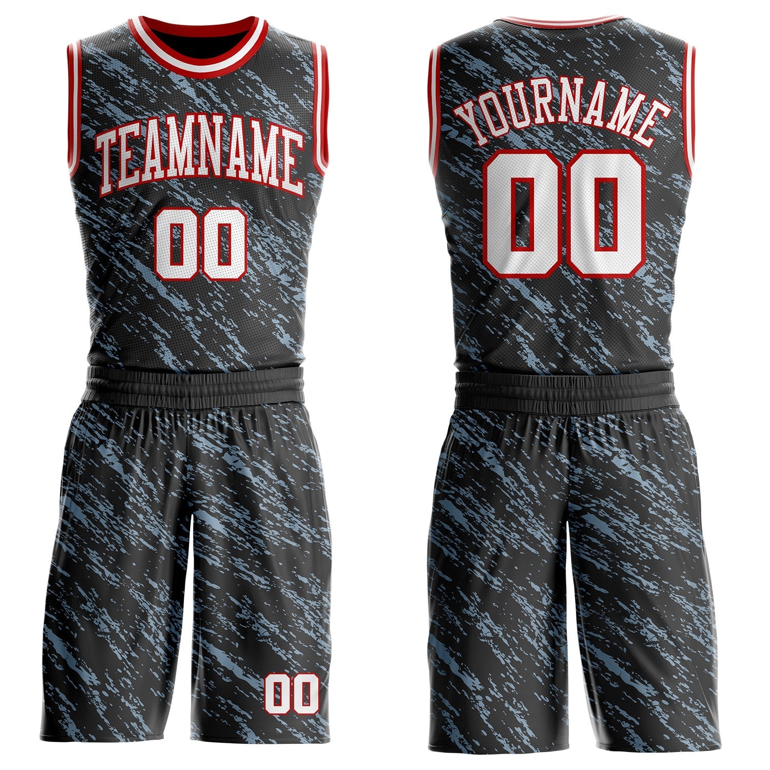 Custom Black White Blue-Red Vintage Brush Stroke Round Neck Sublimation Basketball Uniform Jersey - Main View