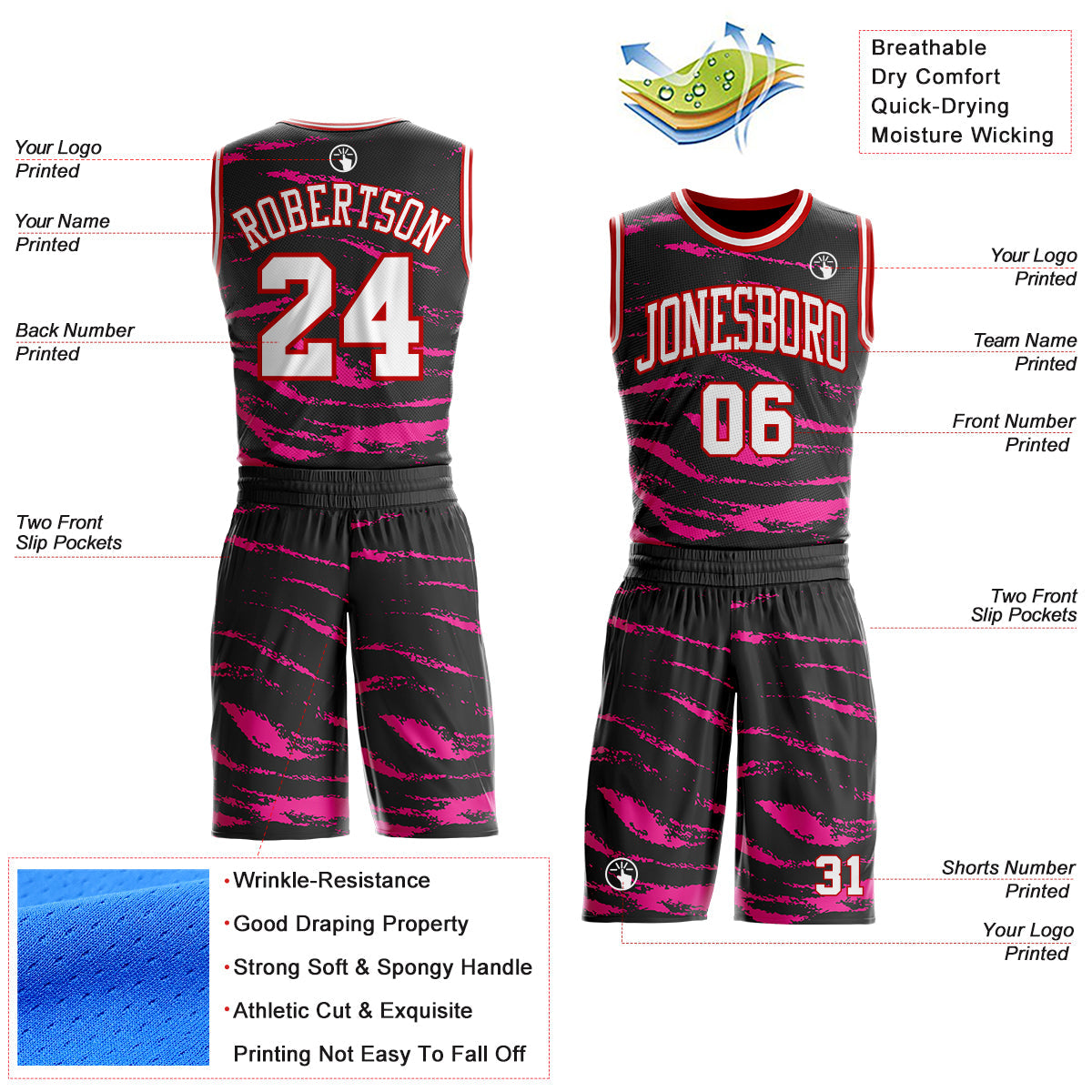 Custom Black White Pink-Red Vintage Brush Stroke Round Neck Sublimation Basketball Uniform Jersey view 2
