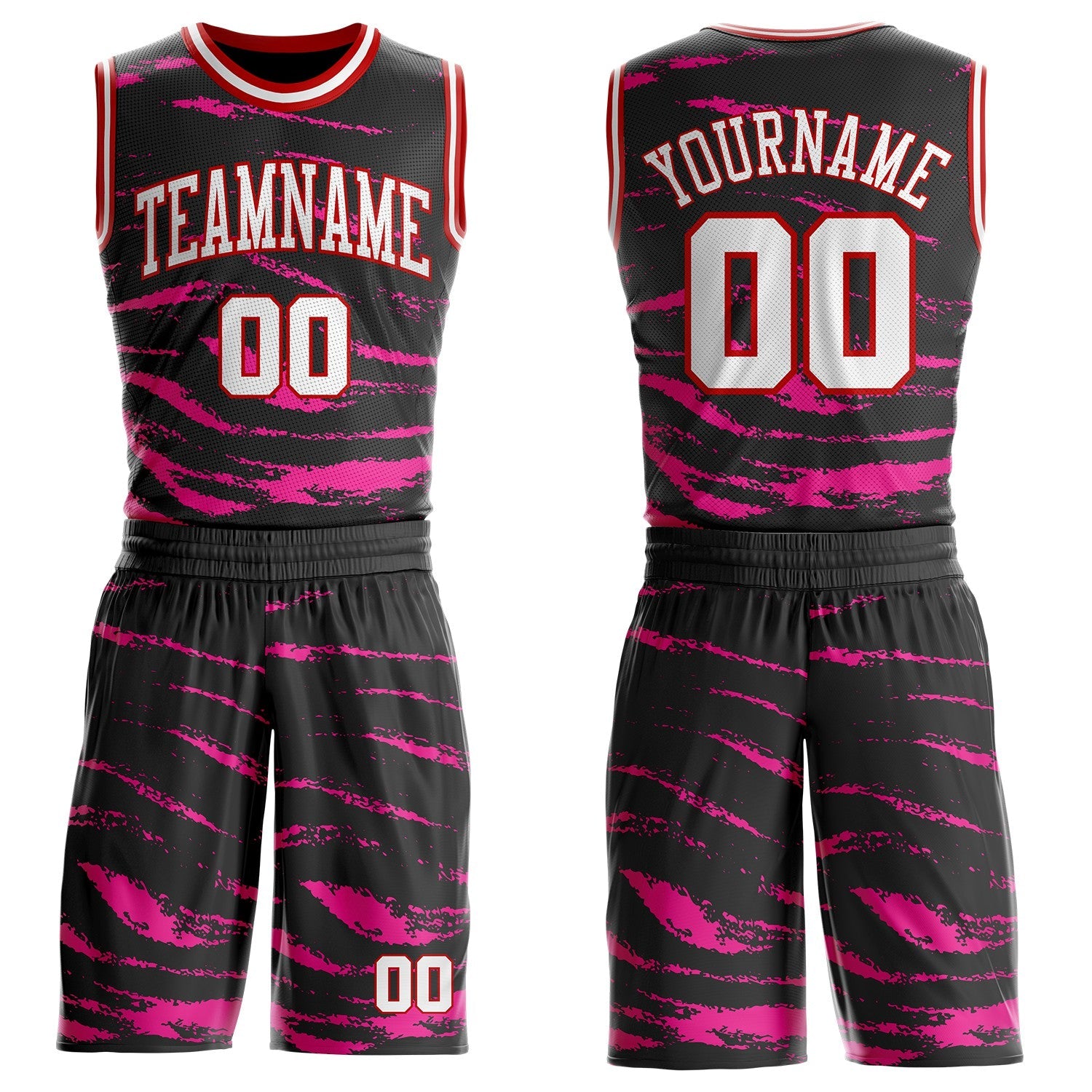Custom Black White Pink-Red Vintage Brush Stroke Round Neck Sublimation Basketball Uniform Jersey - Main View