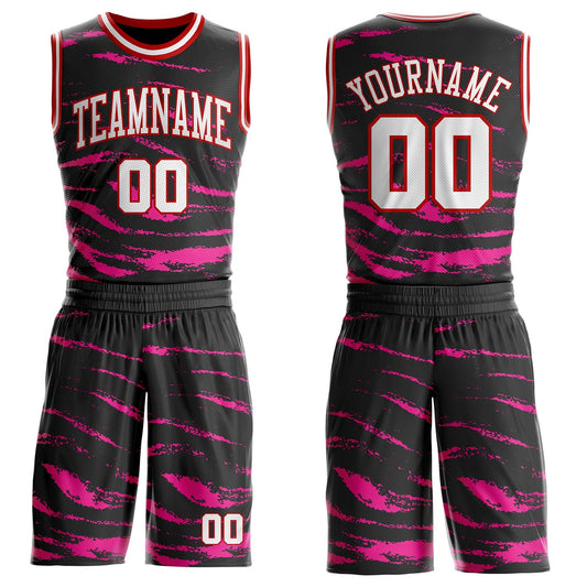 Custom Black White Pink-Red Vintage Brush Stroke Round Neck Sublimation Basketball Uniform Jersey - Main View