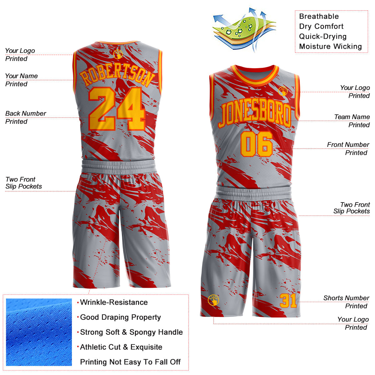 Custom Gray Gold Red-Orange Vintage Brush Stroke Round Neck Sublimation Basketball Uniform Jersey view 2