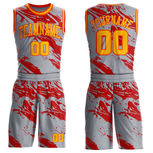Custom Gray Gold Red-Orange Vintage Brush Stroke Round Neck Sublimation Basketball Uniform Jersey - Main View