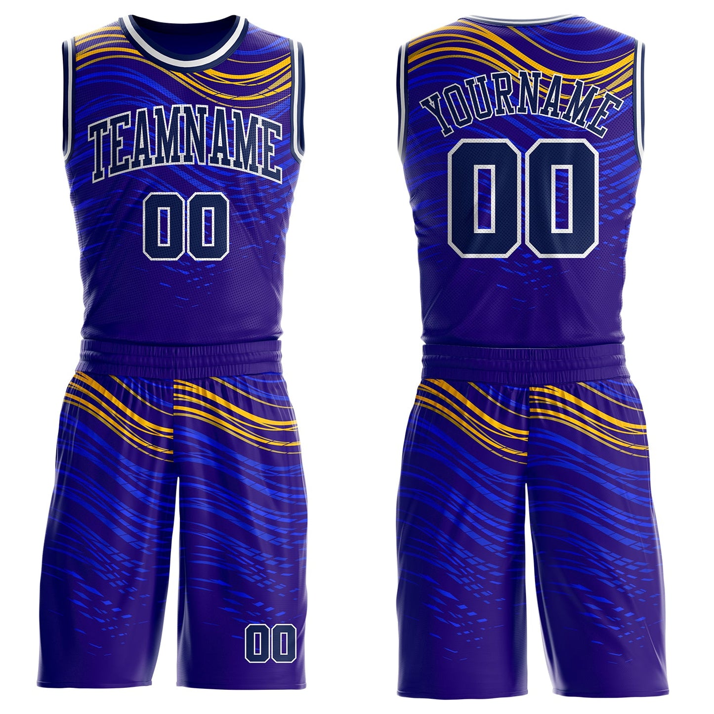 Custom Blue Navy Yellow-White Speed Wave Round Neck Sublimation Basketball Uniform Jersey - Main View