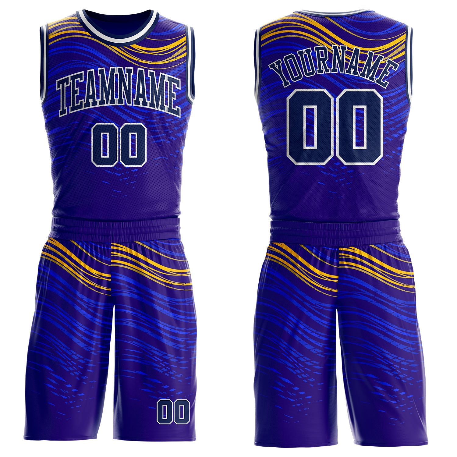 Custom Blue Navy Yellow-White Speed Wave Round Neck Sublimation Basketball Uniform Jersey - Main View