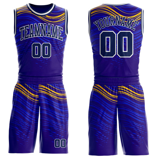 Custom Blue Navy Yellow-White Speed Wave Round Neck Sublimation Basketball Uniform Jersey - Main View