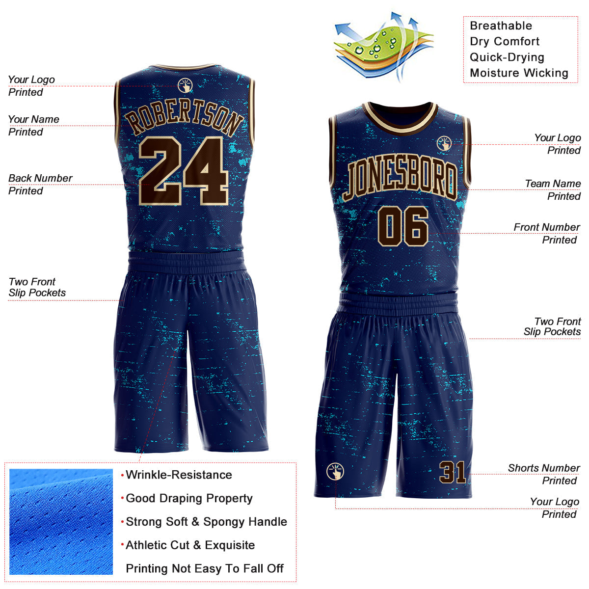 Custom Navy Brown Lakes Blue-Cream Vintage Paint Splatter Brush Stroke Round Neck Sublimation Basketball Uniform Jersey view 2