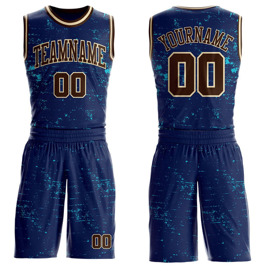 Custom Navy Brown Lakes Blue-Cream Vintage Paint Splatter Brush Stroke Round Neck Sublimation Basketball Uniform Jersey - Main View