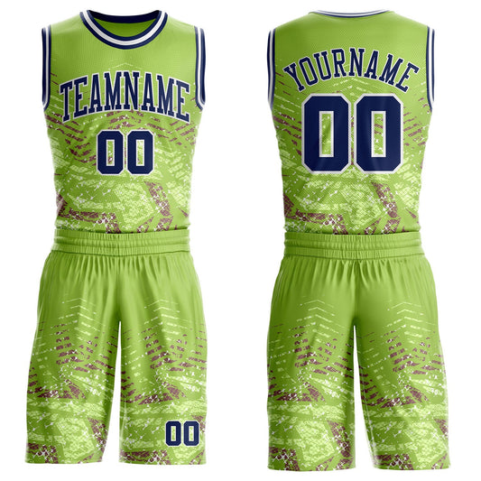 Custom Green Navy-White Vintage Geometric Fragment Round Neck Sublimation Basketball Uniform Jersey - Main View