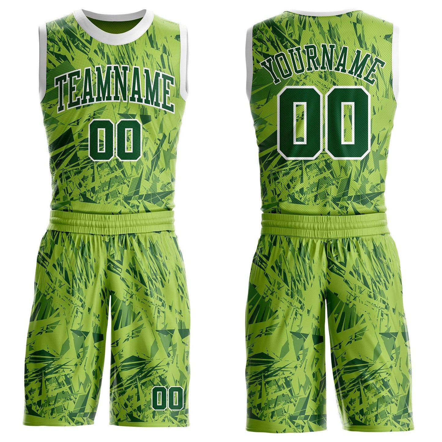 Custom Green-White Vintage Geometric Fragment Round Neck Sublimation Basketball Uniform Jersey - Main View
