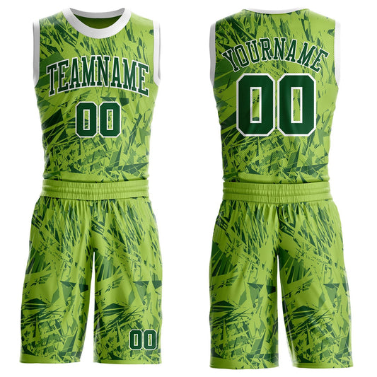 Custom Green-White Vintage Geometric Fragment Round Neck Sublimation Basketball Uniform Jersey - Main View