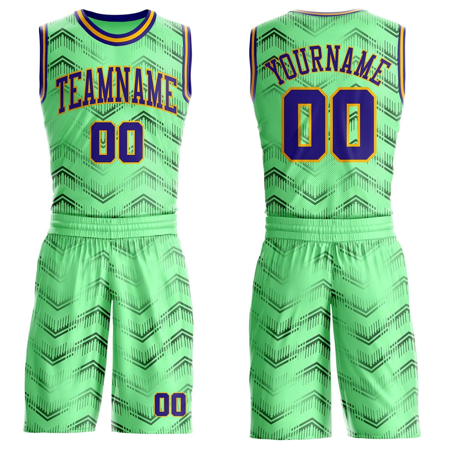 Custom Pea Green Dark Purple-Gold Gradient Geometric Chevron Round Neck Sublimation Basketball Uniform Jersey - Main View