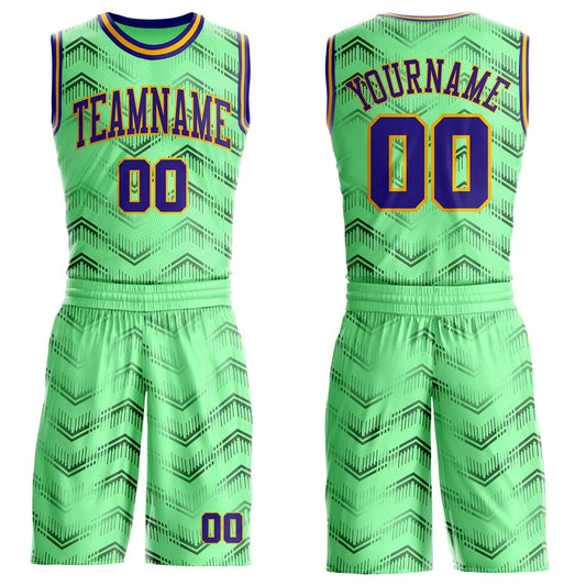 Custom Pea Green Dark Purple-Gold Gradient Geometric Chevron Round Neck Sublimation Basketball Uniform Jersey - Main View