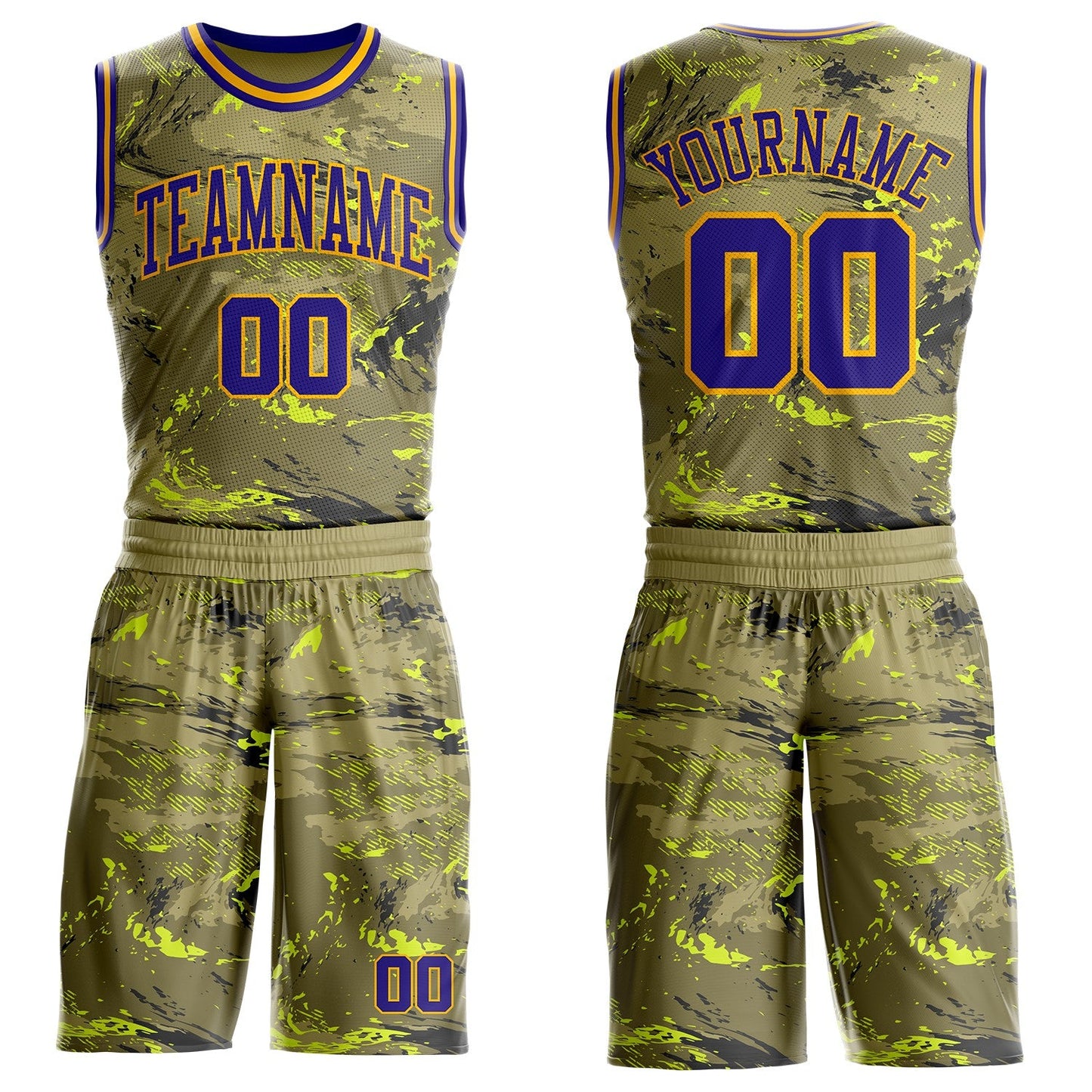 Custom Olive Dark Purple Yellow-Gold Vintage Paint Splatter Brush Stroke Round Neck Sublimation Basketball Uniform Jersey - Main View