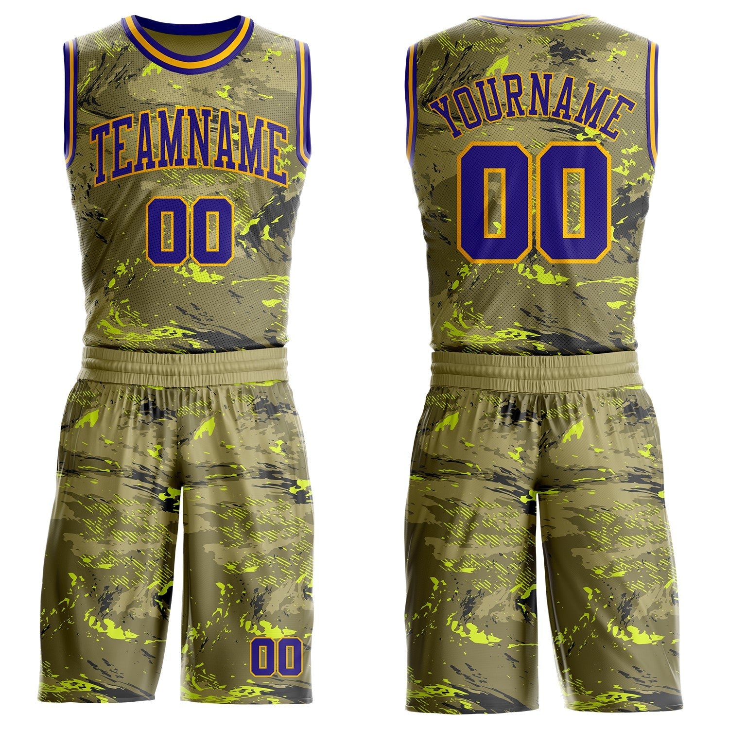 Custom Olive Dark Purple Yellow-Gold Vintage Paint Splatter Brush Stroke Round Neck Sublimation Basketball Uniform Jersey - Main View