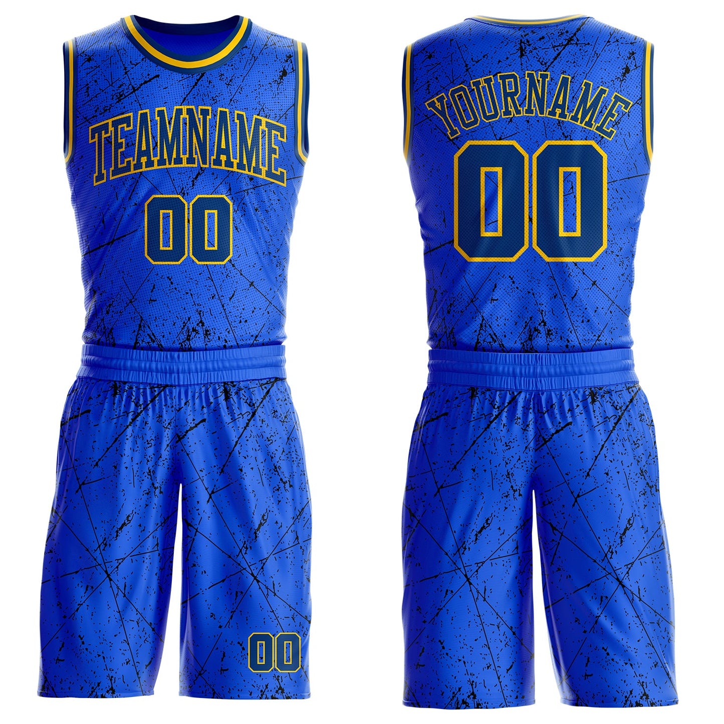 Custom Royal US Navy Blue Black-Yellow Vintage Geometric Fragment Round Neck Sublimation Basketball Uniform Jersey - Main View