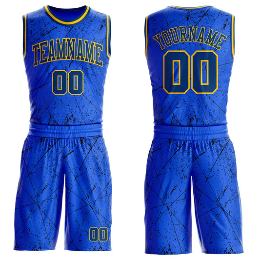 Custom Royal US Navy Blue Black-Yellow Vintage Geometric Fragment Round Neck Sublimation Basketball Uniform Jersey - Main View