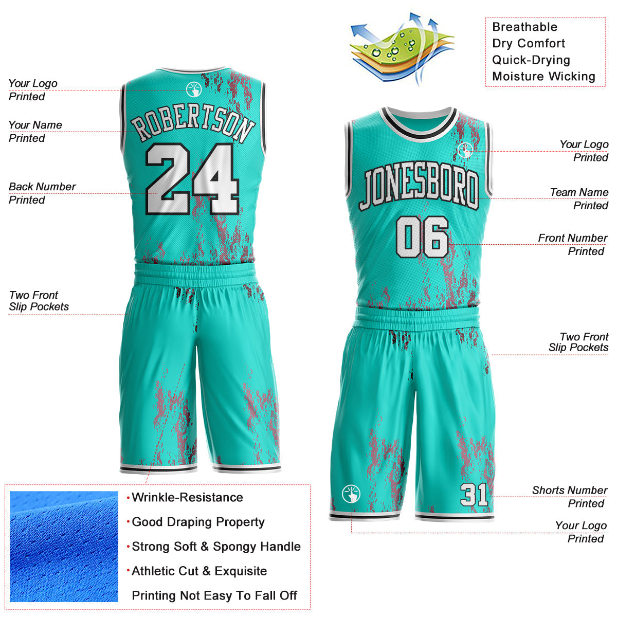 Custom Green White Pink-Black Vintage Paint Splatter Round Neck Sublimation Basketball Uniform Jersey view 2