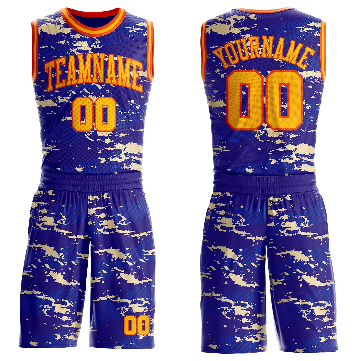 Custom Dark Purple Gold Blue Cream-Orange Vintage Geometric Fragment Round Neck Sublimation Basketball Uniform Jersey - Main View