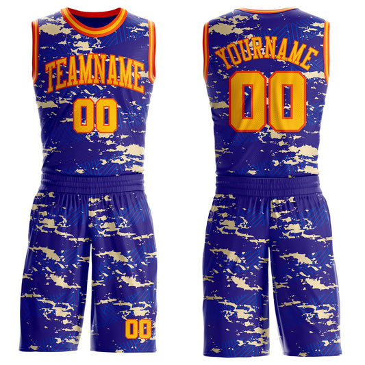 Custom Dark Purple Gold Blue Cream-Orange Vintage Geometric Fragment Round Neck Sublimation Basketball Uniform Jersey - Main View