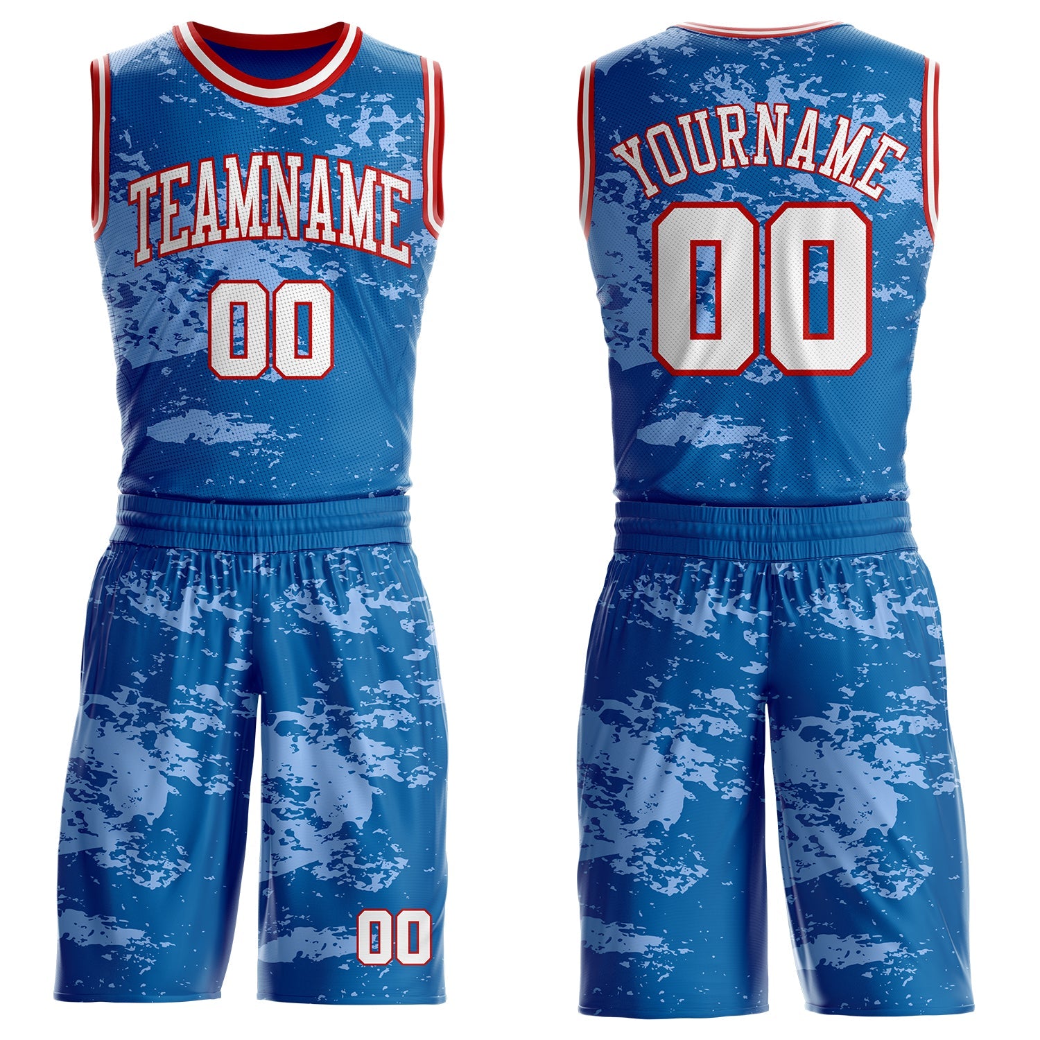 Custom Blue White-Red Vintage Brush Stroke Round Neck Sublimation Basketball Uniform Jersey - Main View