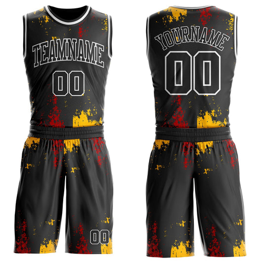 Custom Black Red Gold-White Vintage Brush Stroke Round Neck Sublimation Basketball Uniform Jersey - Main View
