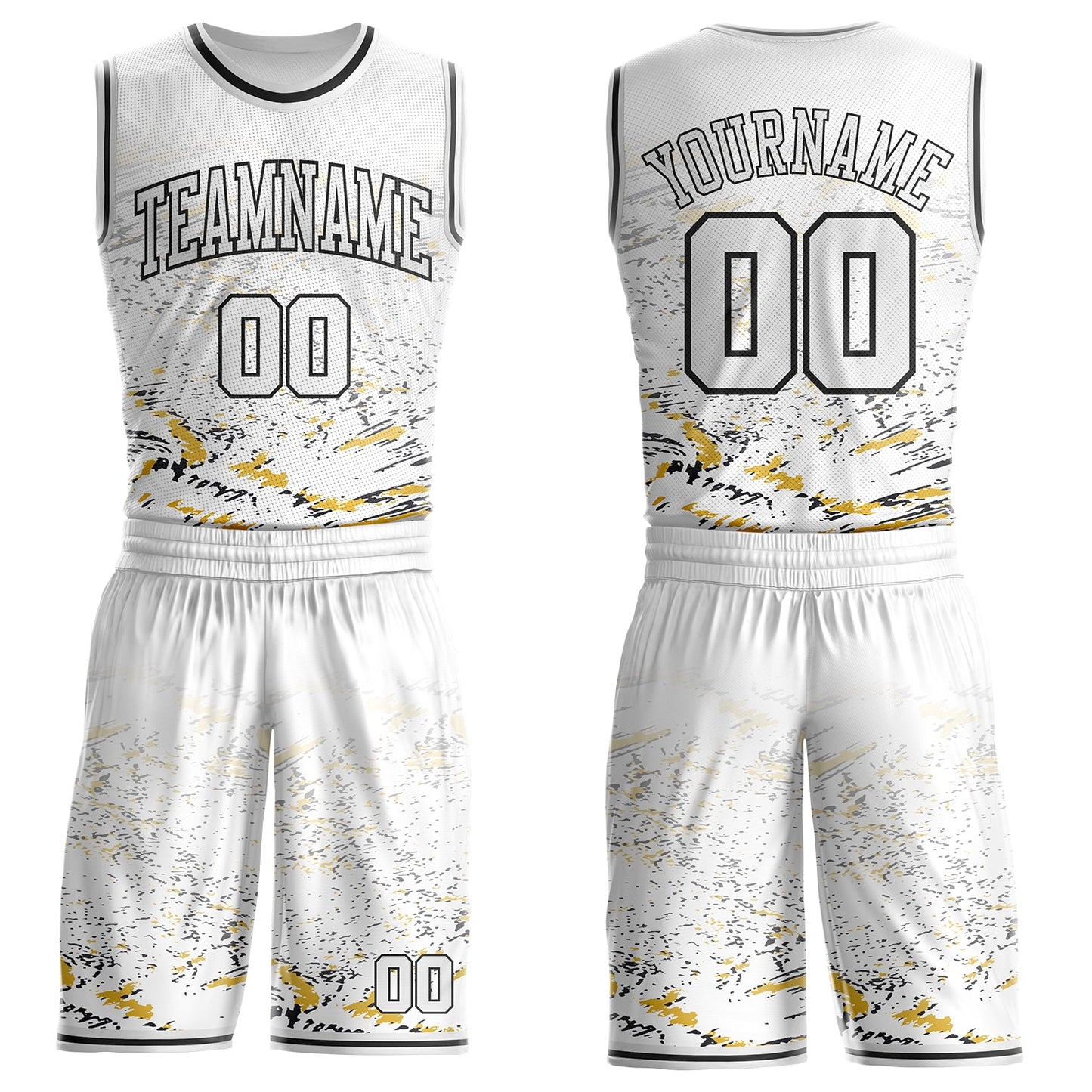 Custom White Yellow-Black Vintage Brush Stroke Round Neck Sublimation Basketball Uniform Jersey - Main View