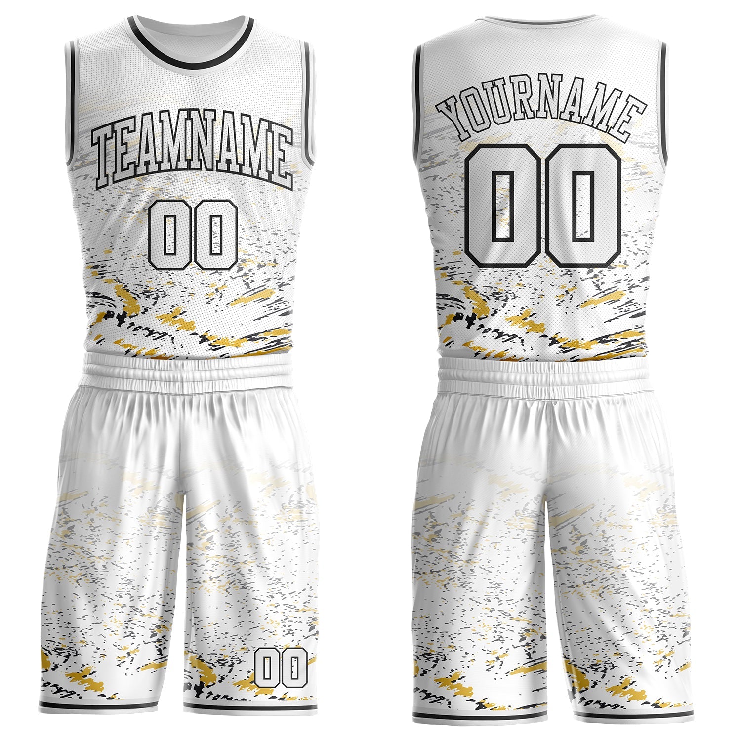 Custom White Yellow-Black Vintage Brush Stroke Round Neck Sublimation Basketball Uniform Jersey - Main View