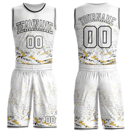 Custom White Yellow-Black Vintage Brush Stroke Round Neck Sublimation Basketball Uniform Jersey - Main View