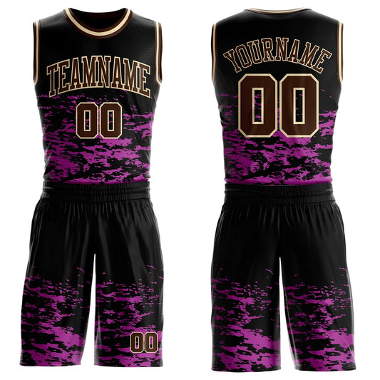 Custom Black Medium Purple Brown-Cream Grunge Fragment Round Neck Sublimation Basketball Uniform Jersey - Main View