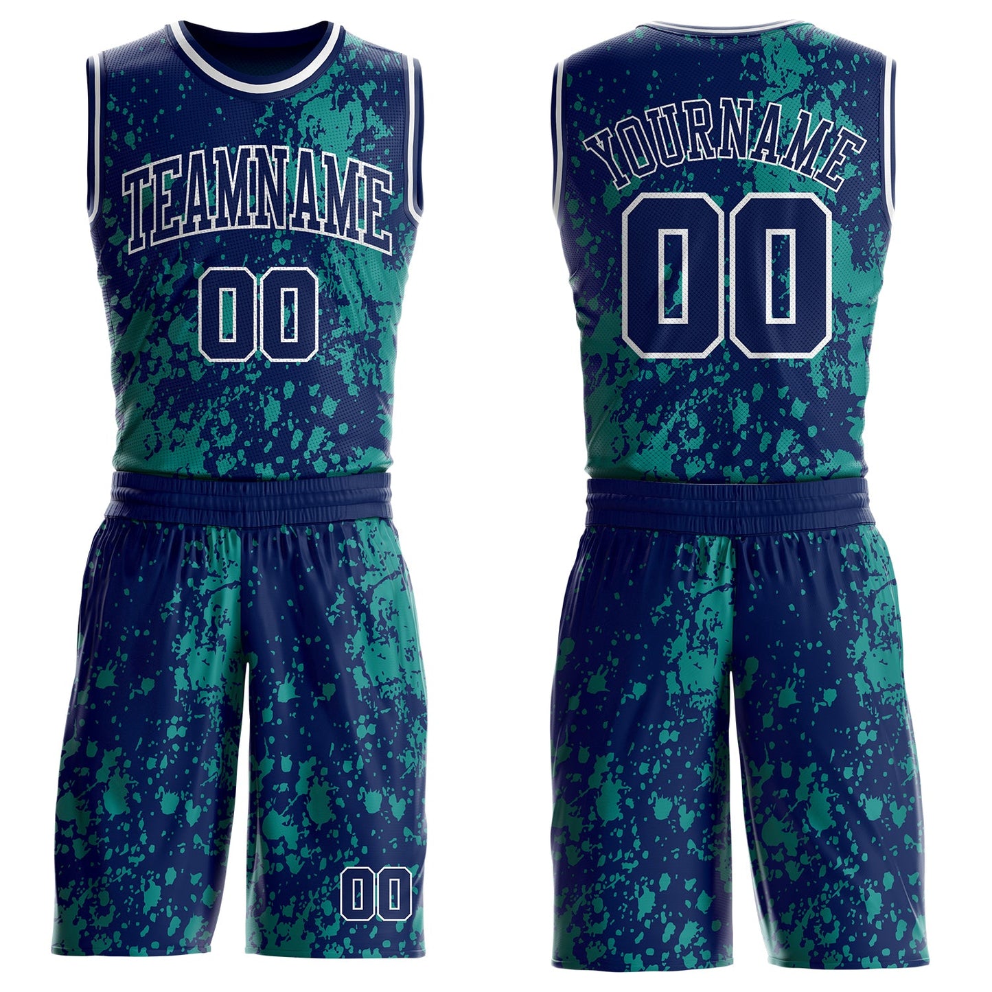 Custom Navy Green-White Grunge Paint Splatter Brush Stroke Round Neck Sublimation Basketball Uniform Jersey - Main View