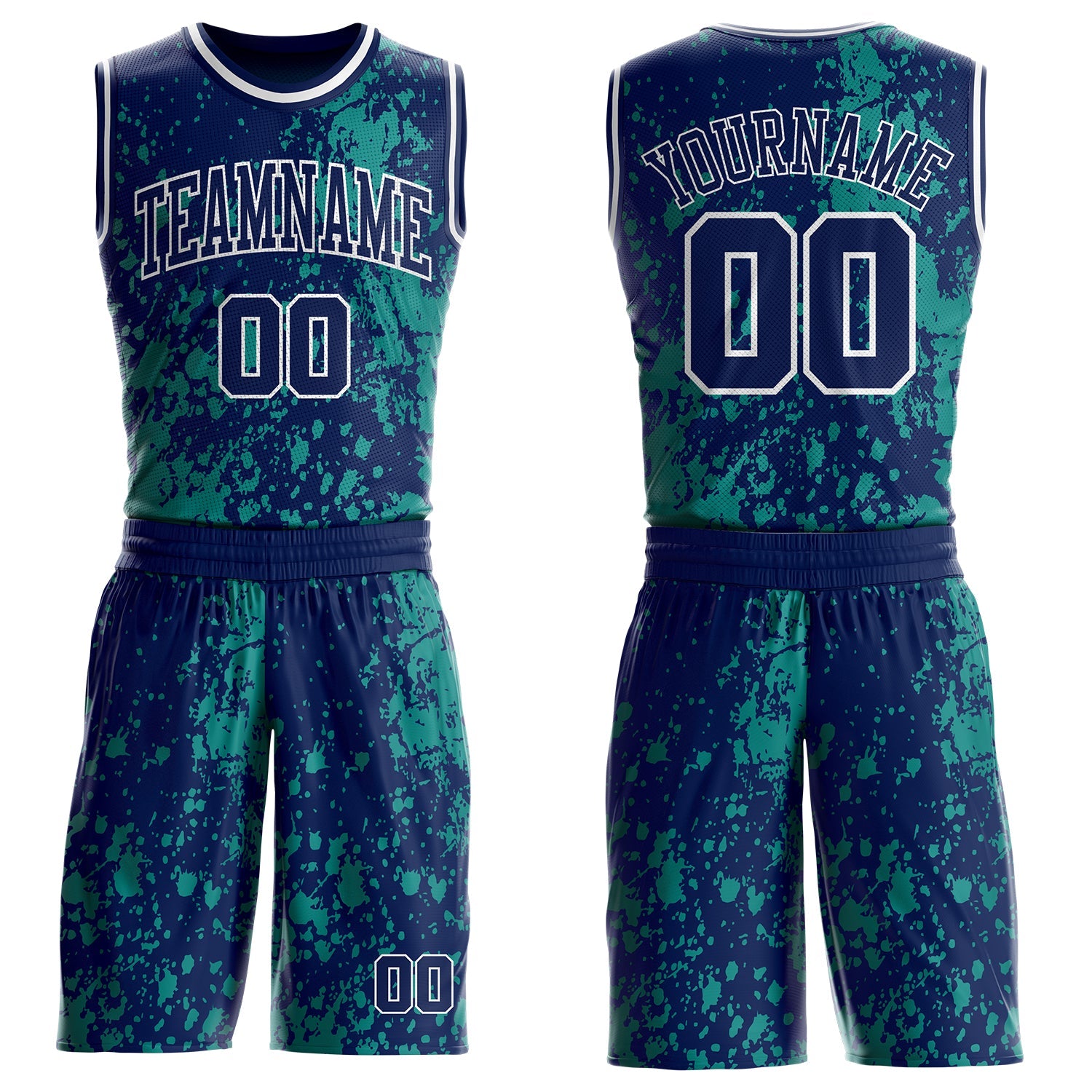 Custom Navy Green-White Grunge Paint Splatter Brush Stroke Round Neck Sublimation Basketball Uniform Jersey - Main View