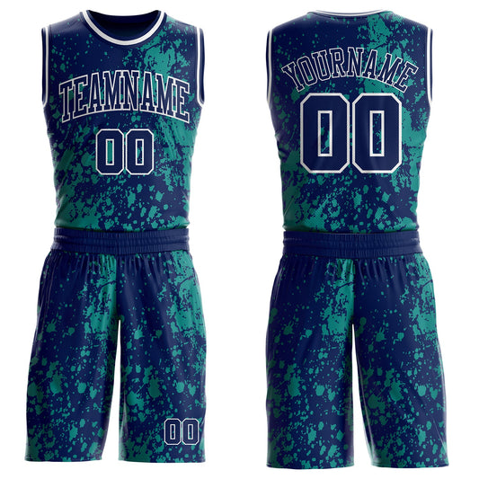 Custom Navy Green-White Grunge Paint Splatter Brush Stroke Round Neck Sublimation Basketball Uniform Jersey - Main View