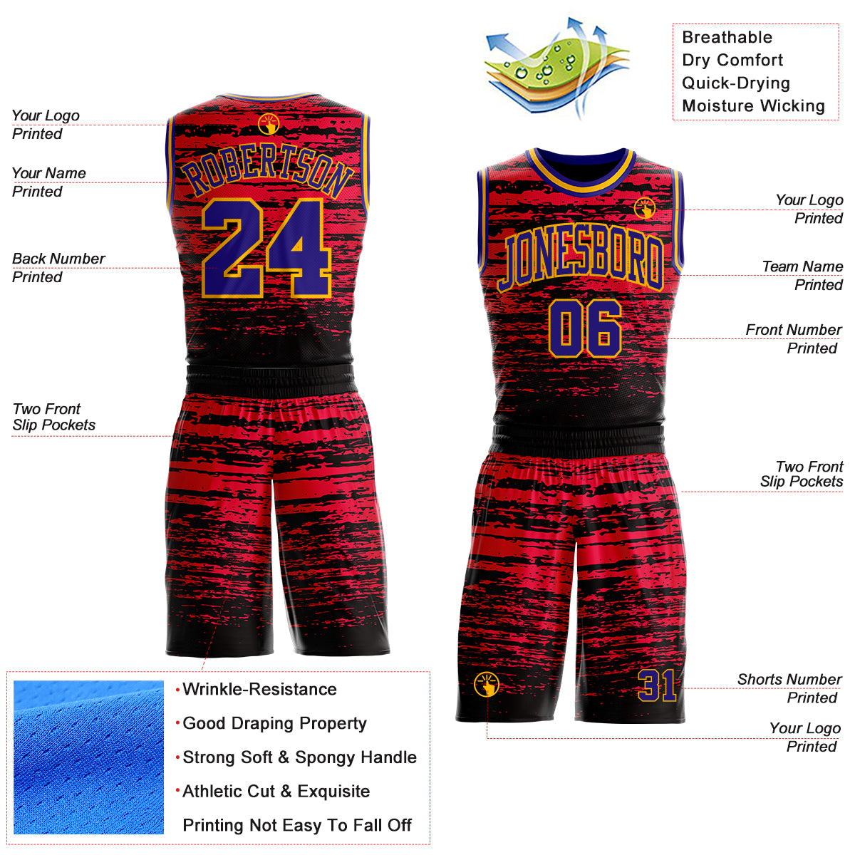 Custom Red Dark Purple Black-Gold Grunge Paint Splatter Brush Stroke Round Neck Sublimation Basketball Uniform Jersey view 2