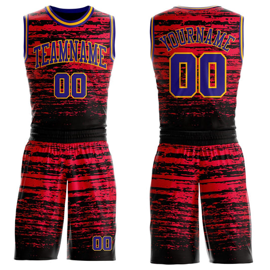 Custom Red Dark Purple Black-Gold Grunge Paint Splatter Brush Stroke Round Neck Sublimation Basketball Uniform Jersey - Main View