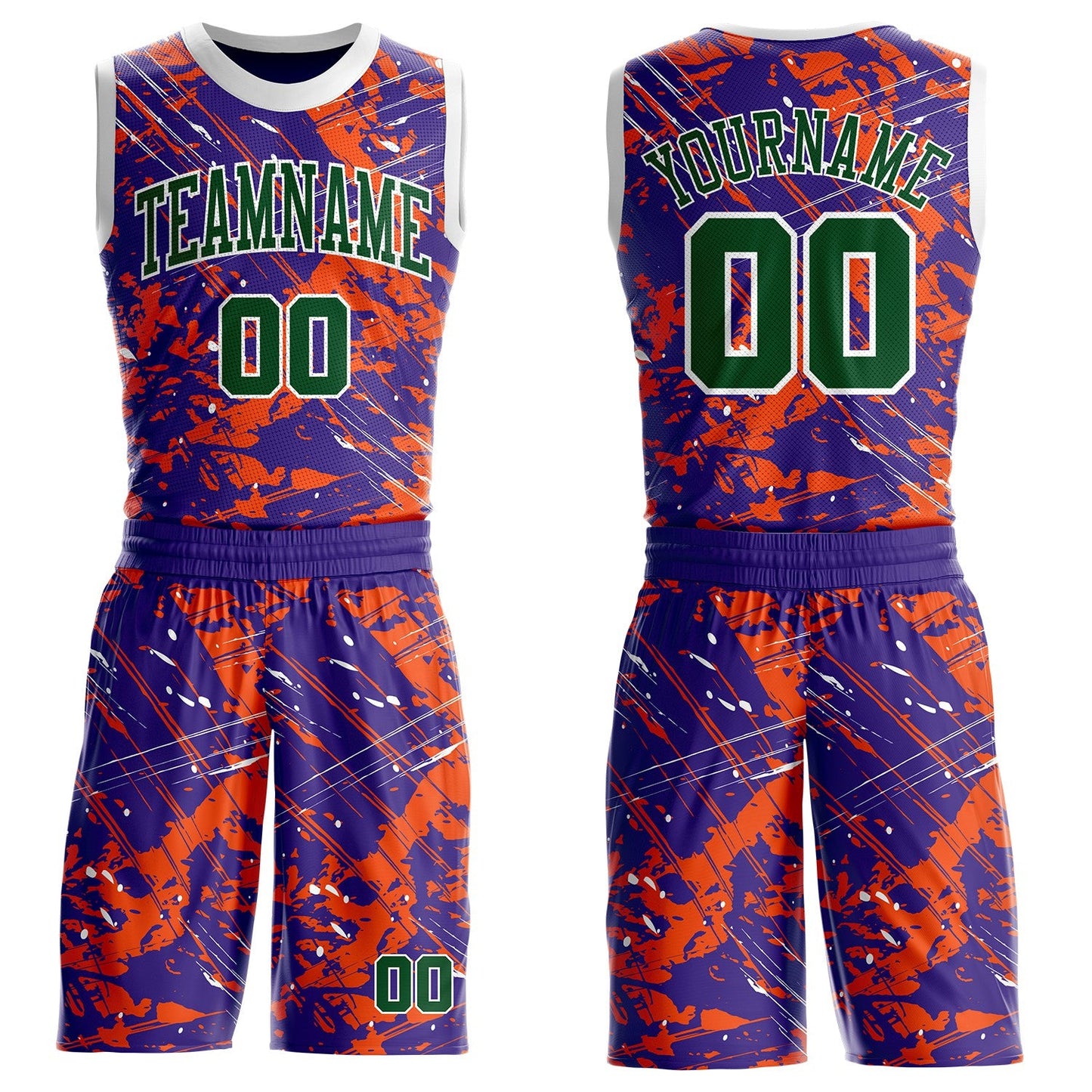 Custom Purple Green Orange-White Grunge Paint Splatter Brush Stroke Round Neck Sublimation Basketball Uniform Jersey - Main View