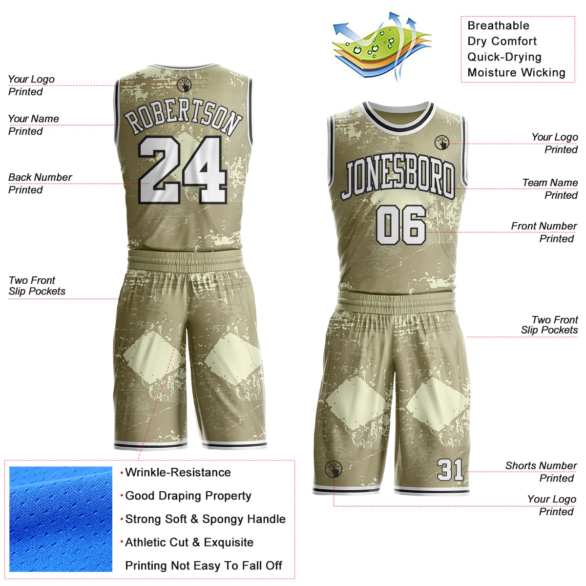 Custom Brown White Cream-Black Grunge Fragment Round Neck Sublimation Basketball Uniform Jersey view 2
