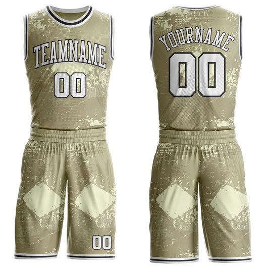 Custom Brown White Cream-Black Grunge Fragment Round Neck Sublimation Basketball Uniform Jersey - Main View