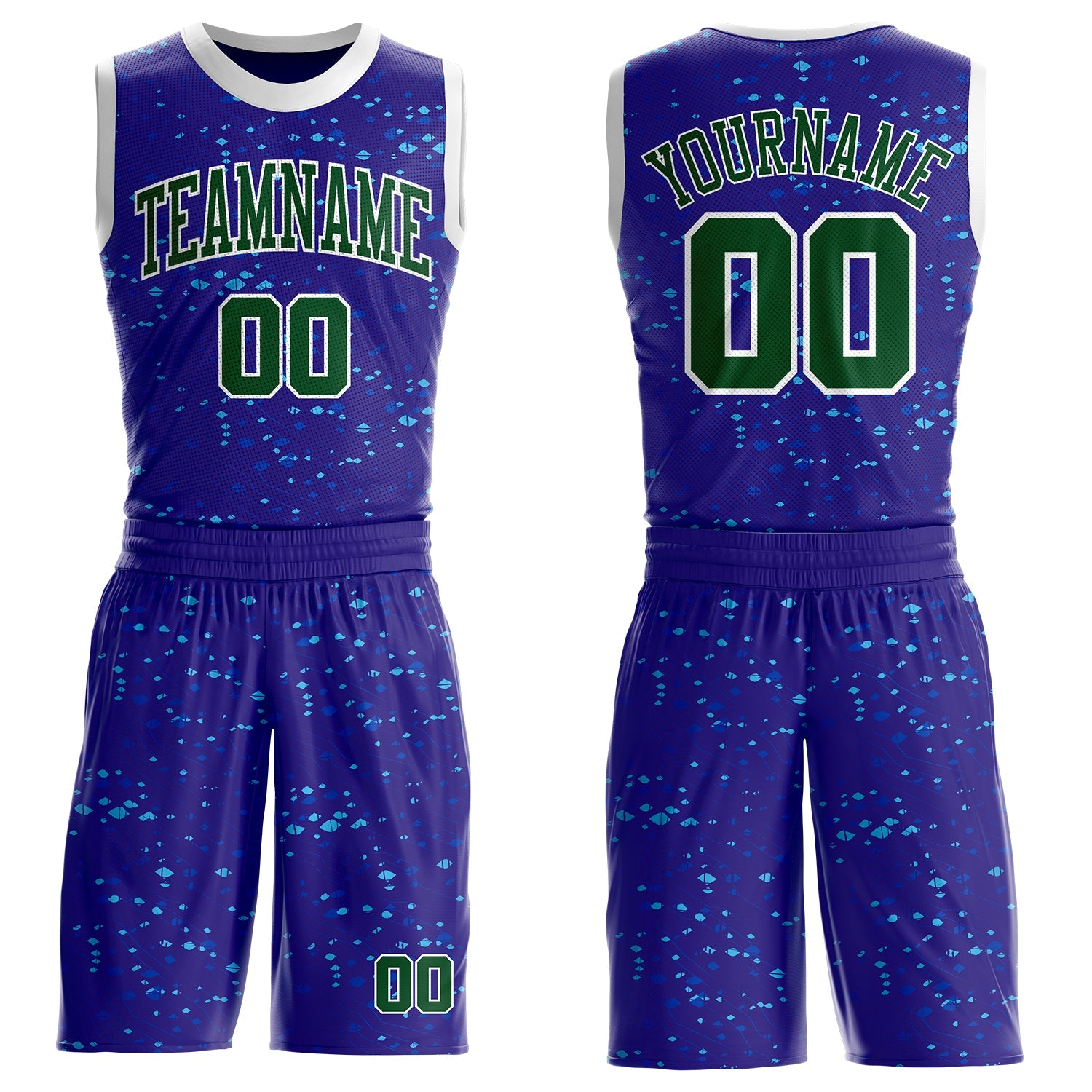 Custom Dark Purple Green Blue-White Grunge Fragment Round Neck Sublimation Basketball Uniform Jersey - Main View