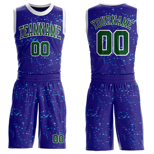 Custom Dark Purple Green Blue-White Grunge Fragment Round Neck Sublimation Basketball Uniform Jersey - Main View