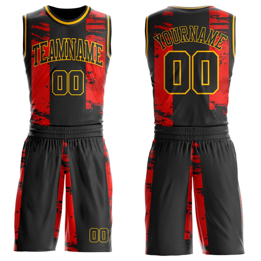 Custom Black Red-Gold Vintage Brush Stroke Round Neck Sublimation Basketball Uniform Jersey - Main View
