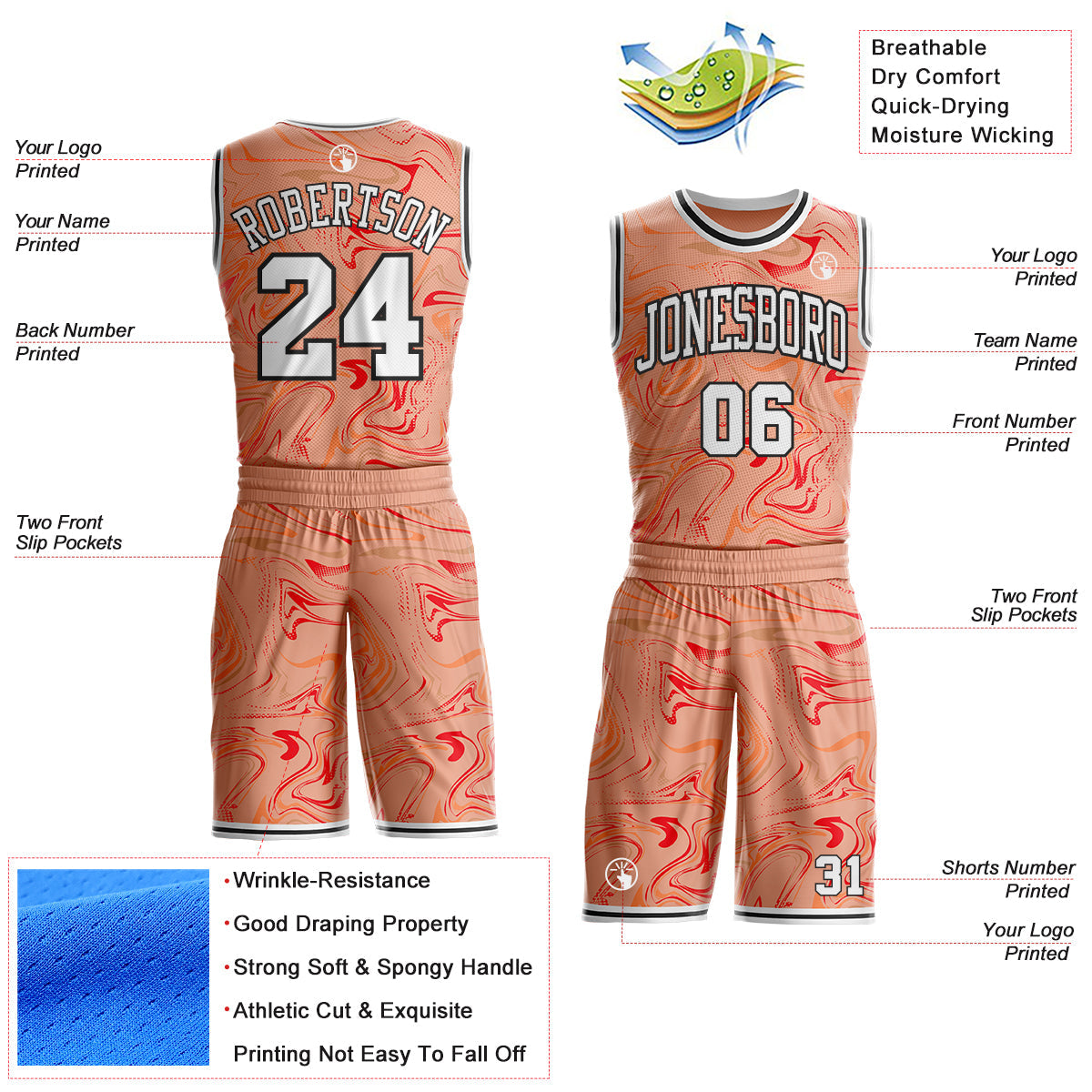 Custom Medium Pink White Red-Black Marble Swirl Liquid Fluid Round Neck Sublimation Basketball Uniform Jersey view 2